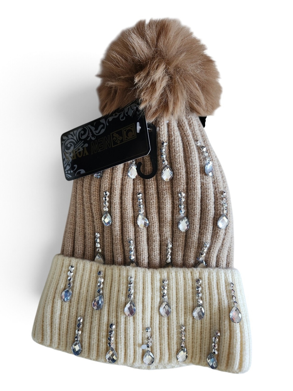 Embellished NWT Two-Tone Pom Pom Beanie - Crystal Accent